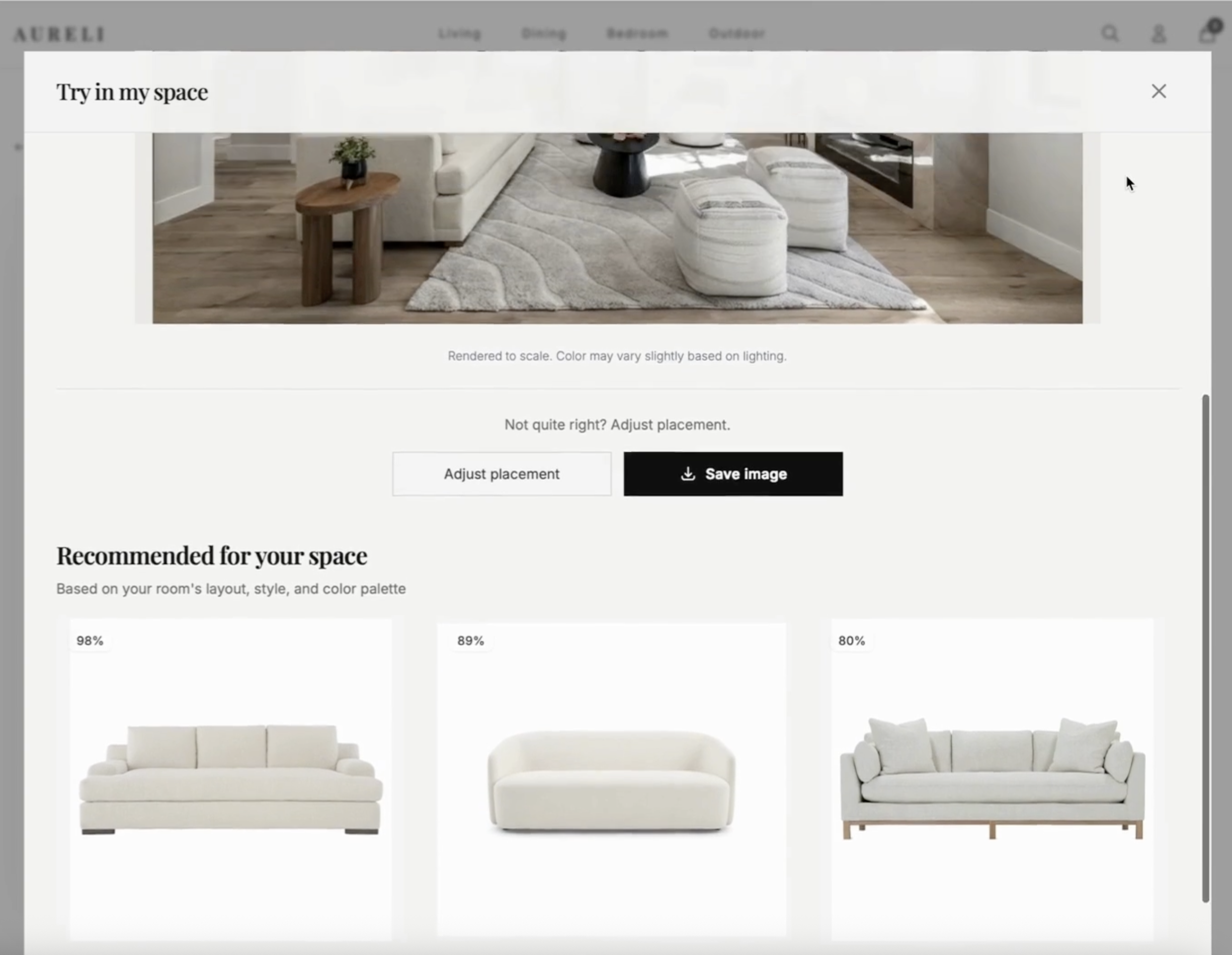 ATELIS AI recommendations showing furniture match percentages based on room analysis