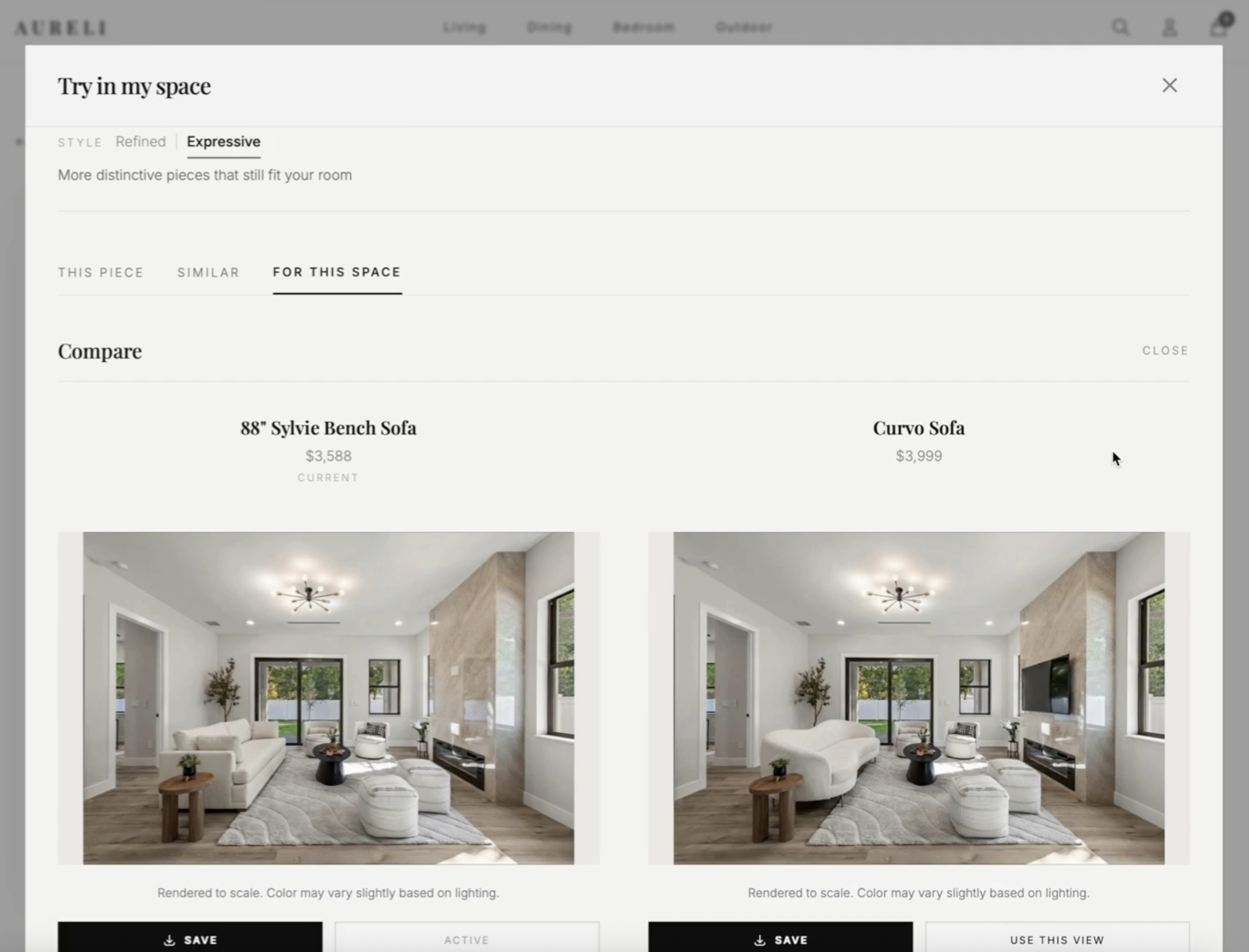 ATELIS room visualization comparison feature showing furniture options in customer spaces